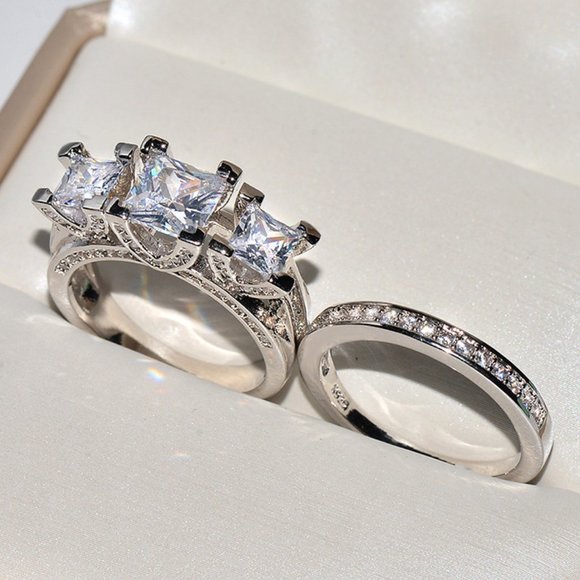 Jewelry - NEW 2pc/set 925 Silver Princess Cut Diamond  Ring